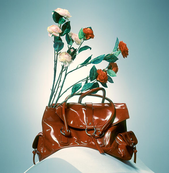 Produktfotografi av gräsliga blommor som sticker upp ur en gammal handväska