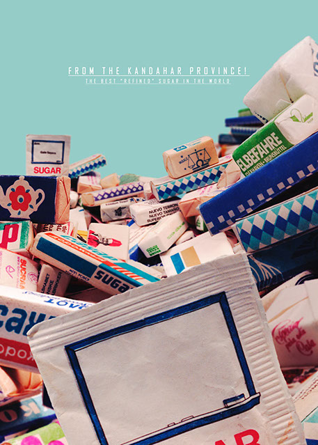 Affisch reklam för The Cold War Store nya "sockerprodukter". Bilden är uppbyggd med många olika sockerpacket.